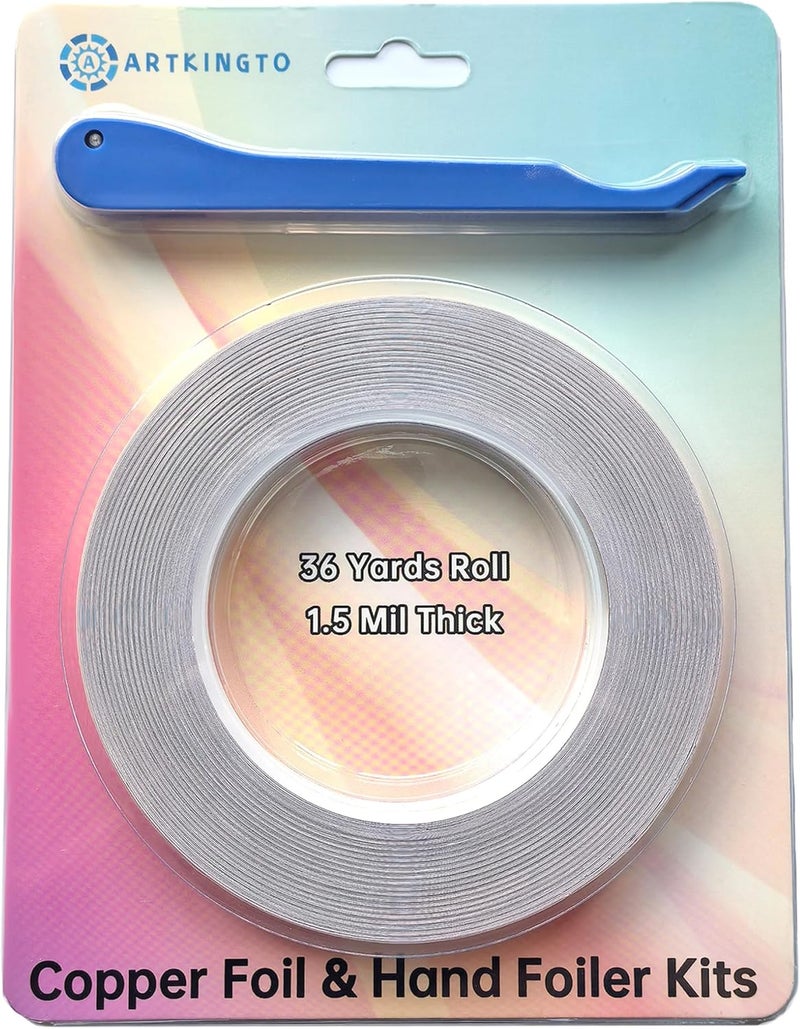 ARTKINGTO 1/4 Inch Silver Backed Copper Foil for Stained Glass, 1.5 Mil Thick, 36 Yards 2 Rolls, with Copper Foil Hand Foiler - Image 2